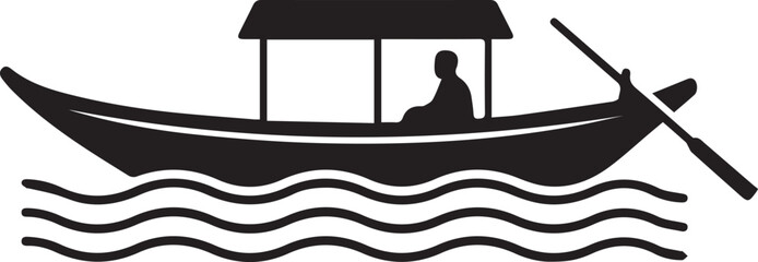 Traditional Wooden Boat Silhouette with Boatman Rowing on Water Waves Vector Illustration . © Rizvi