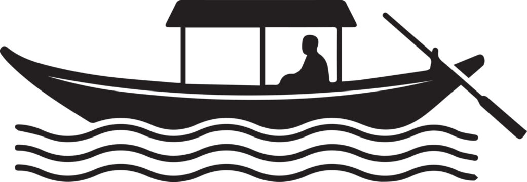 Traditional Wooden Boat Silhouette with Boatman Rowing on Water Waves Vector Illustration .
