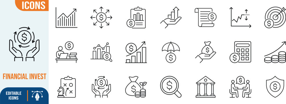 Financial business investment strategy line icons. chart icon set, money icon set, calculator icon set