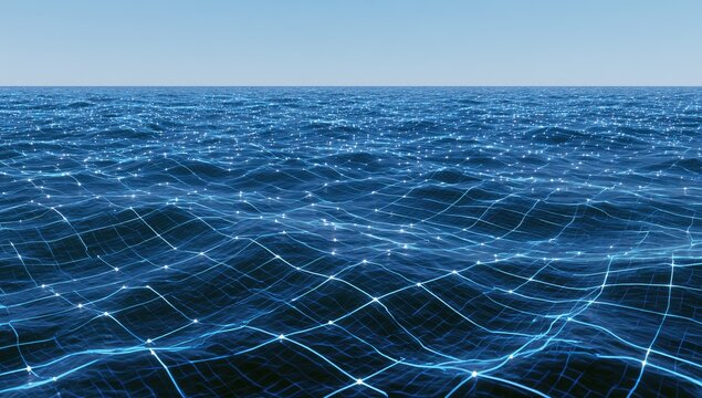 Abstract grid overlaying shimmering blue ocean waves under clear sky