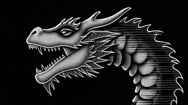 Halftone glitch black and white dragon head roaring on dark background