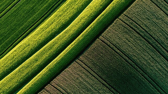 Overhead view of agricultural fields with contrasting green and brown textures
