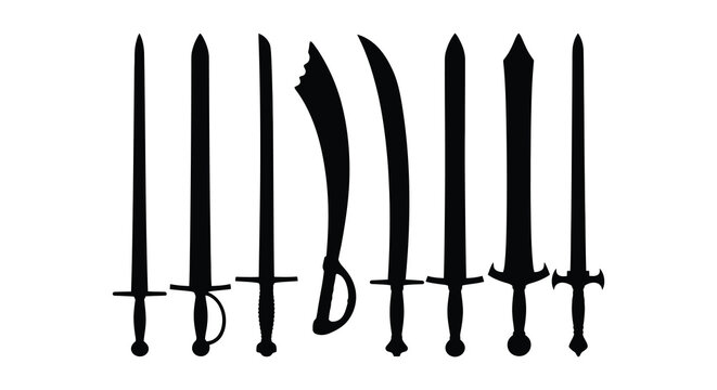 Collection Of Antique Swords Silhouette Against White Background