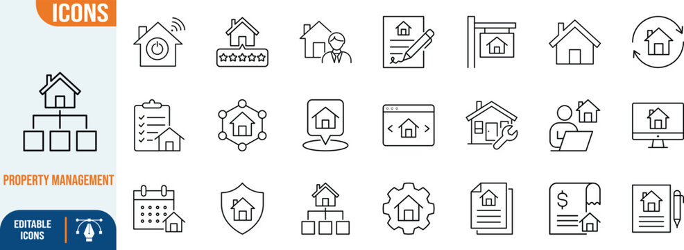 Real estate property management icons. house icon set, document icon set, sign icon set