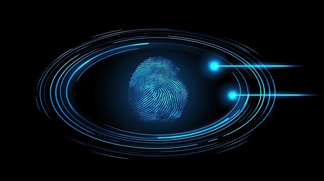 Glowing blue fingerprint scan with futuristic light trails
