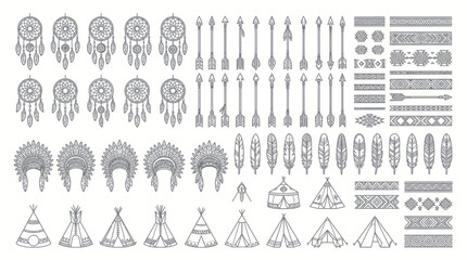 Native American Tribal Elements: Dreamcatchers, Headdresses, Tents, Feathers, Arrows, Patterns © Kasino