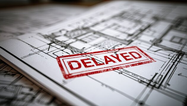 Architectural plans with a red "DELAYED" stamp, emphasizing setbacks