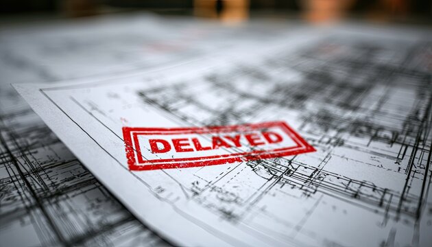 Red "DELAYED" stamp on architectural plans, signifying project setback
