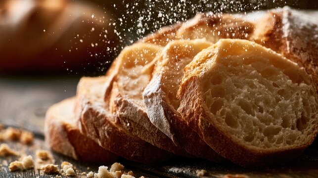Slices of crusty bread with dusting of flour on wooden surface