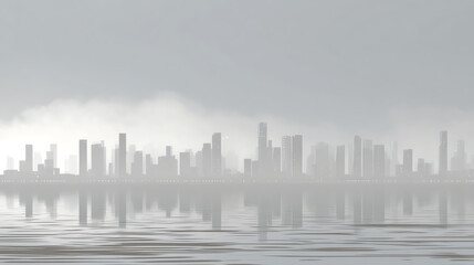Obraz premium A serene city skyline shrouded in mist, reflecting on the calm water surface, creating a tranquil and atmospheric scene.