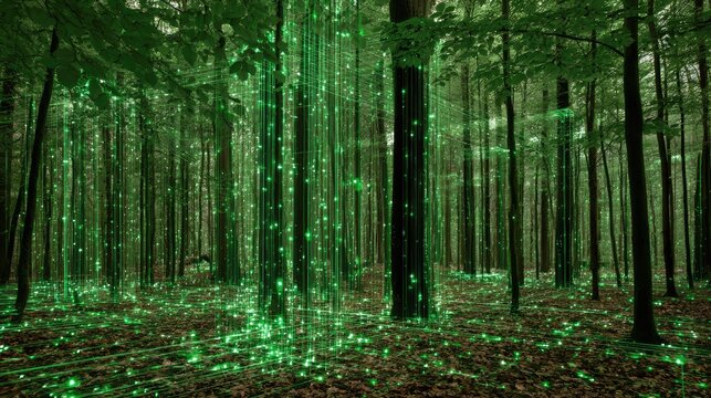 Ethereal green light cascades through dense, dark forest floor
