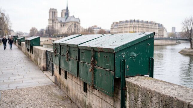 Closed Bouquinistes on Parisian Seine riverbank with Notre Dame