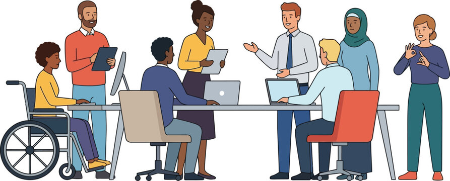 A diverse group of eight professionals collaborating in an inclusive office environment, featuring individuals using a wheelchair and sign language, working together at desks with computers.