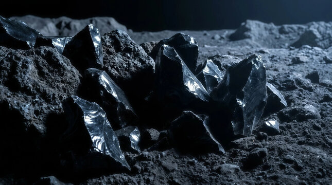 Close up of sharp black obsidian rocks and volcanic minerals scattered on a dark grey lunar surface under dramatic studio lighting.