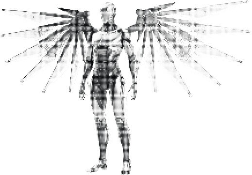 Halftone artwork of an android with large wings, ethereal figure, futuristic design, digital art, symbol of freedom, grey background, standing pose.