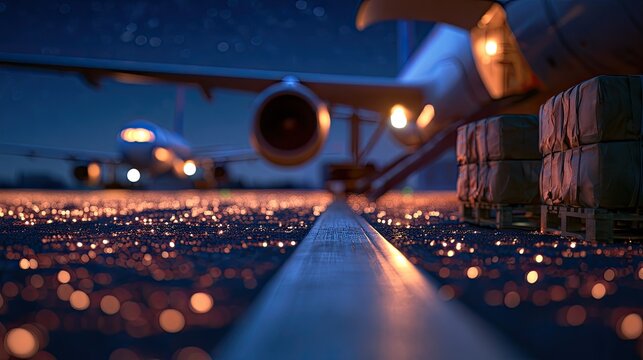 Cargo planes loaded with packages at an airport at night