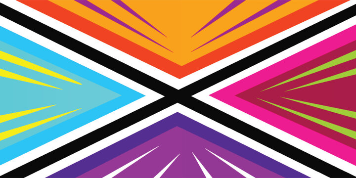 Vibrant geometric pattern with diagonal cross shapes and sharp zoom lines in bright retro neon colors. Modern pop art style vector illustration for comic book backgrounds,