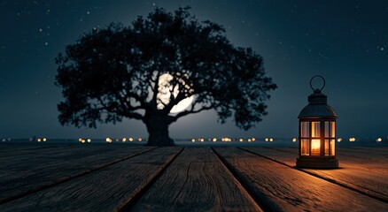 Fototapeta premium Moonlit scene with a glowing lantern on a wooden deck beside a large tree