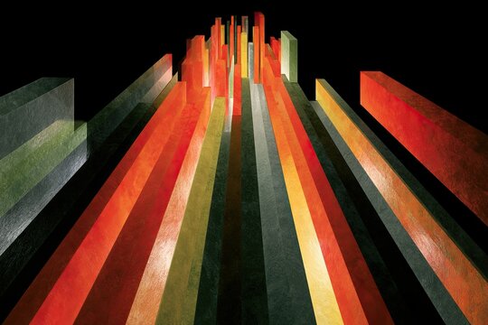 Abstract vertical bars recede into darkness, vibrant hues of red, orange, yellow, green