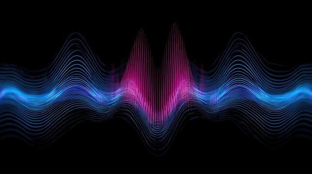 Vibrant blue and pink waveforms oscillate against a dark background