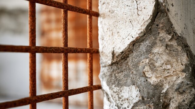 Textured, weathered concrete pillar against a blurred, rusty metal grate