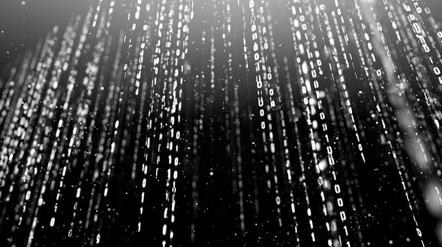 Digital rain of binary code descends from above, shimmering and abstract
