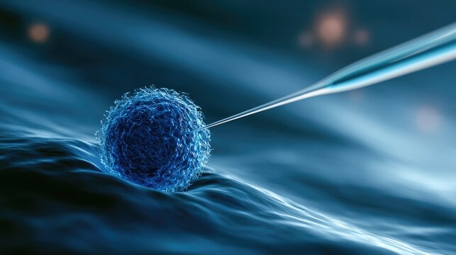 Close-up of a single cell being approached by a fine scientific instrument