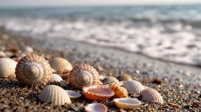 Seashells with waves touching them on beach shore