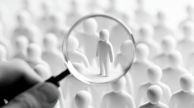 A hand holds a magnifying glass over one figure in a crowd of identical figures