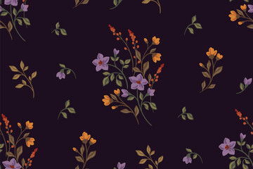 Obraz premium Seamless floral pattern, abstract ditsy print of watercolor wildflower in vintage motif. Elegant botanical design of small hand drawn flowers, tiny leaves, twigs, dark background. Vector illustration.