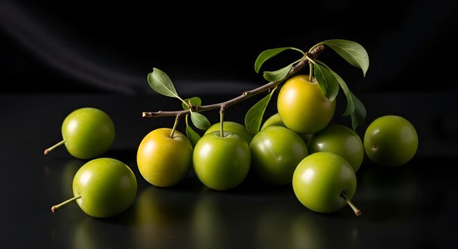 Fresh Greengage Plums on Branch Against Black Background