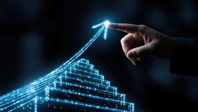 Digitally rendered upward trending arrow emerging from abstract digital steps