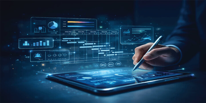 Futuristic Business Analytics Dashboard on Digital Tablet with Financial Data Visualization and Global Market Insights
