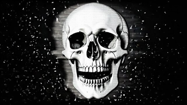Halftone glitch black and white human skull on dark particle background