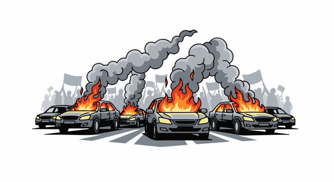 Cars ablaze on street with protesting crowd and flags in background