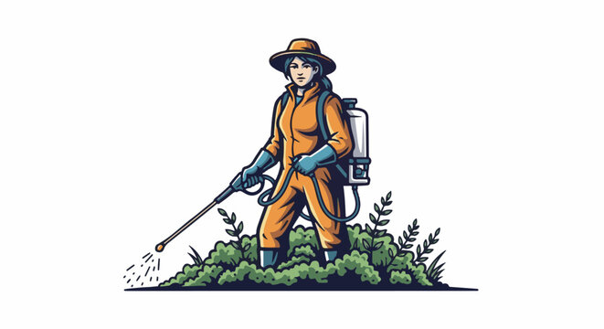 Person in protective suit spraying plants with backpack sprayer