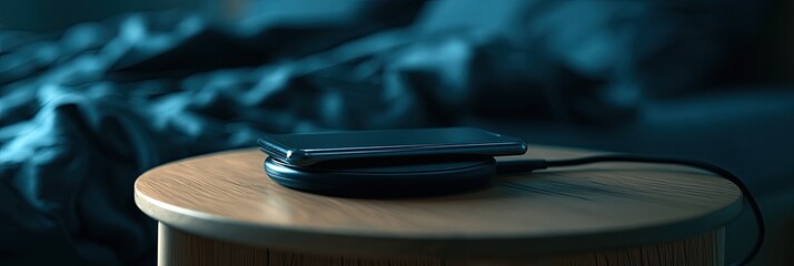 Obraz premium Sleek device on charger on bedside table with rumpled blue sheets