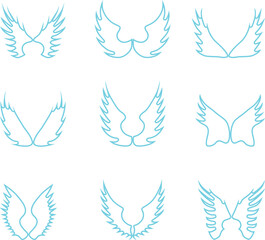 Naklejka premium Angel wings blue line art outline vector icons set isolated on white background decoration