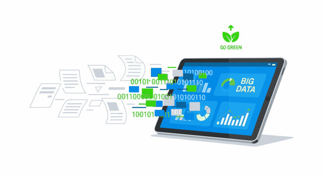 Tablet displaying big data analysis and binary code flow from documents