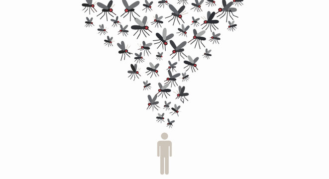 Swarm of mosquitoes descending upon a simplified human figure