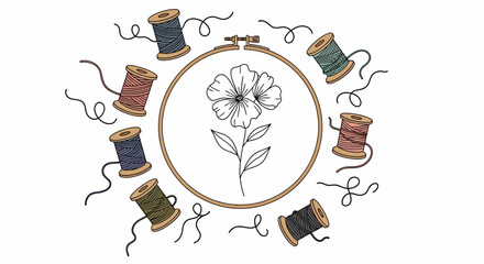 embroidery hoop with flower design and thread spools, sewing concept, craft background © Adam