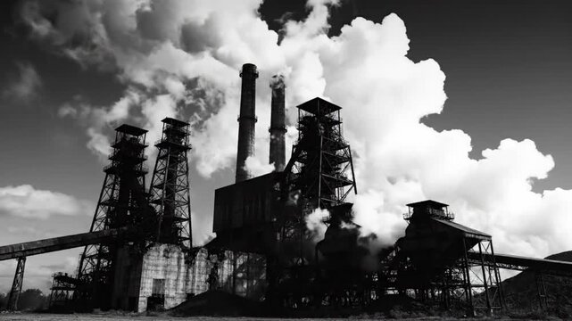 Industrial factory emitting smoke against cloudy sky, black and white footage of pollution and environment