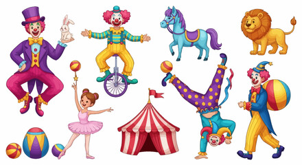 Naklejka premium Colorful cartoon circus characters and animals, fun illustration for kids, entertainment concept