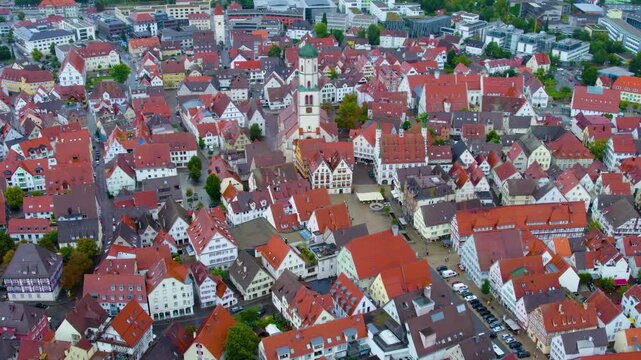 Aerial panorama view of the city Biberach in Germany, Baden-W&uuml;rttemberg on a cloudy afternoon in summer.