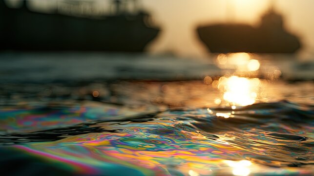 Sunlight reflects on iridescent oil slick on water, ships blurred in background