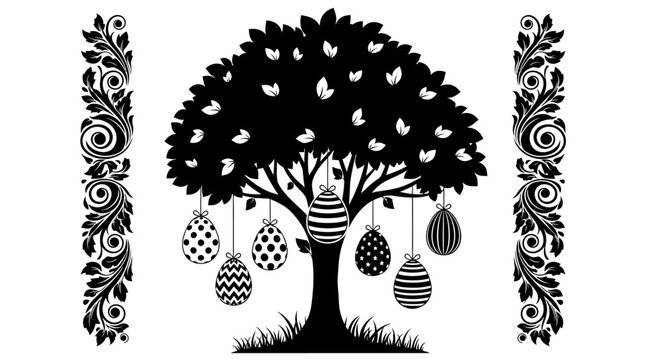 Black tree with Easter eggs and hearts, festive holiday decoration, spring concept, background
