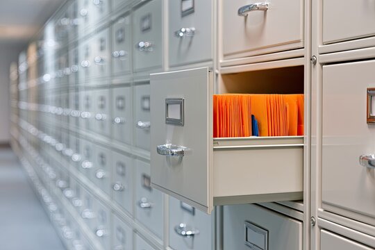 Rows of filing cabinets with one drawer open, revealing orange folders