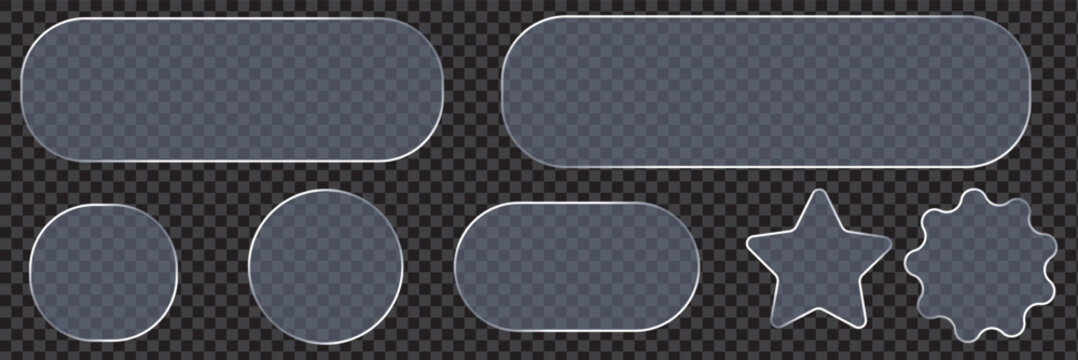 Set of rounded glass elements in different shapes in glassmorphism style. Liquid glass effect PNG. Glass panels with liquid glass effect. Liquid glass shapes collection for ui design and modern banner