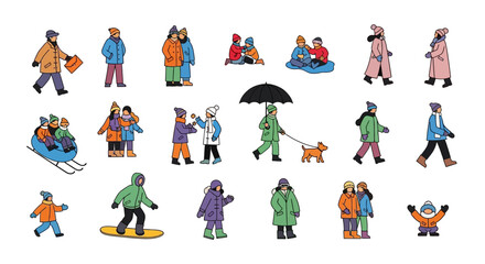 Fototapeta premium People walking in winter clothes, snow, cold weather icons, characters set