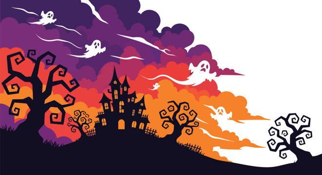 Spooky Halloween Landscape With Silhouetted Haunted Mansion on Hill Gnarled Trees and Drifting Ghosts Under Purple Sky